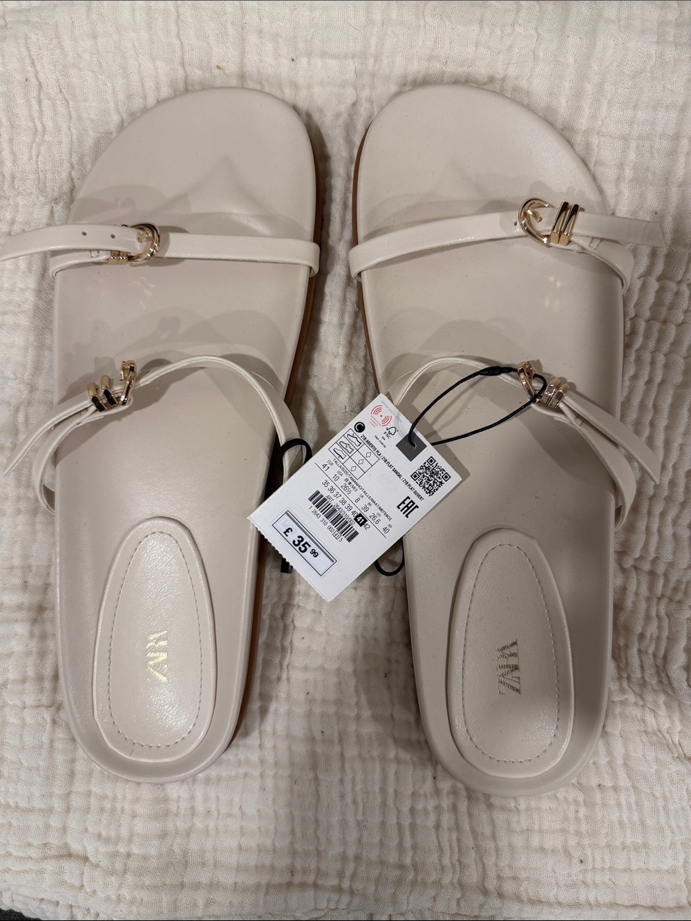 ZARA Cream Strappy Slide Sandals with Gold Buckles